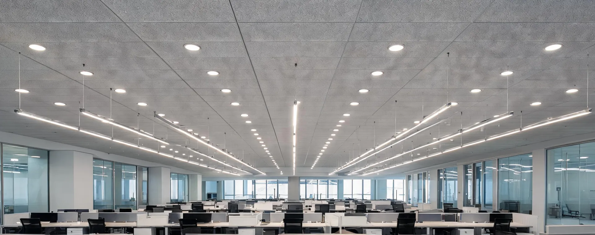 Commercial office illuminated by precise linear and recessed luminaires