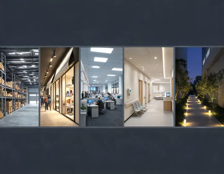 Architectural section showing multiple commercial lighting applications