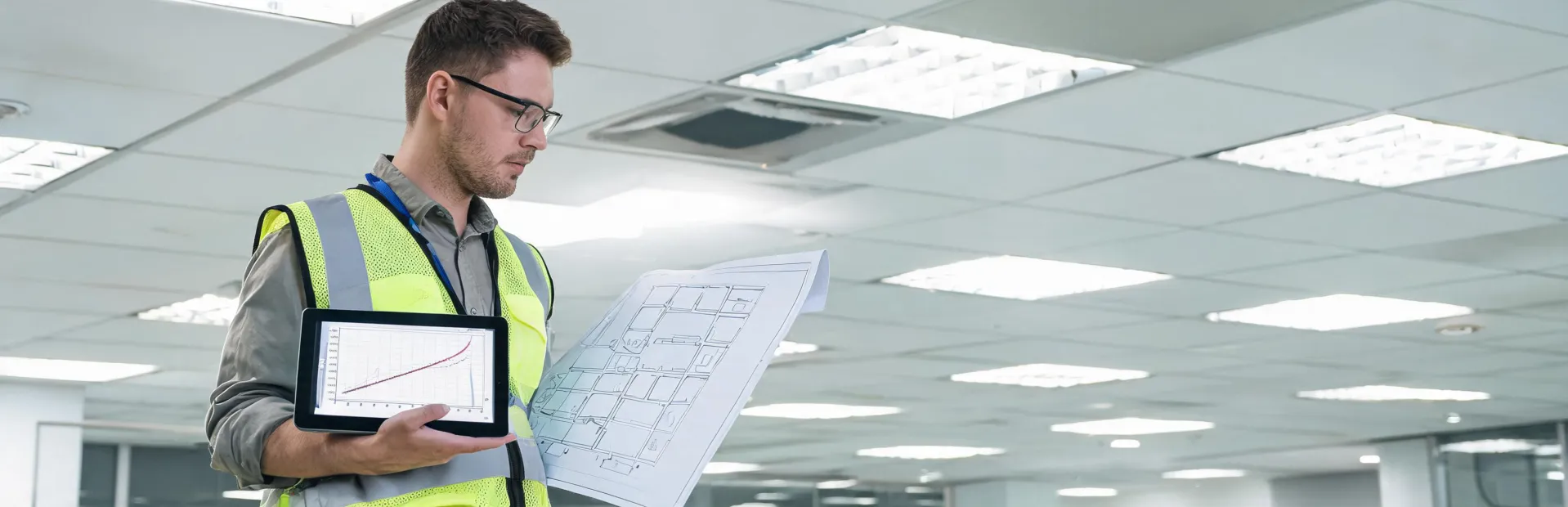 Lighting engineer reviewing ceiling plan beside installed luminaires